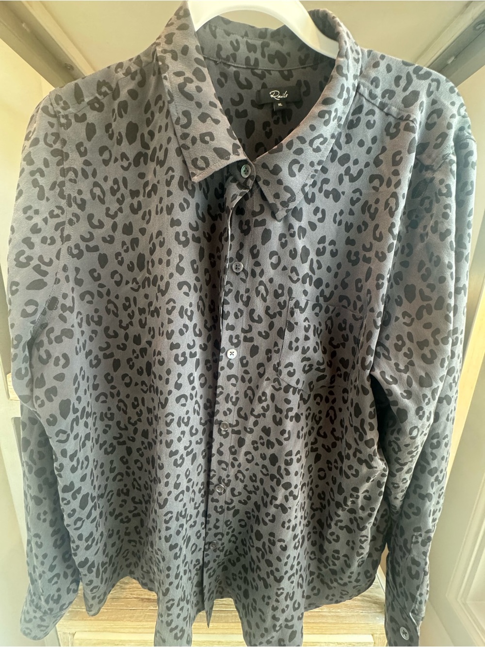 Rails Black and Gray Leopard Print Silk Button-Up